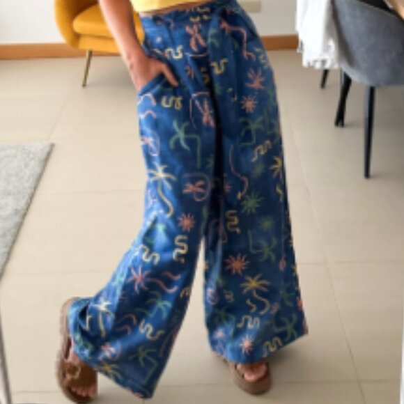 Brand New Corey Lynn Calter Linen Tropical Printed Wide-Leg Pants - Picture 5 of 9
